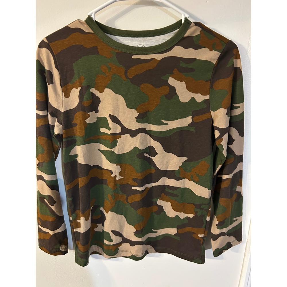 Wonder Nation Boys Camo Long Sleeve T-Shirt Green Brown Crew Neck Size L 10-12
